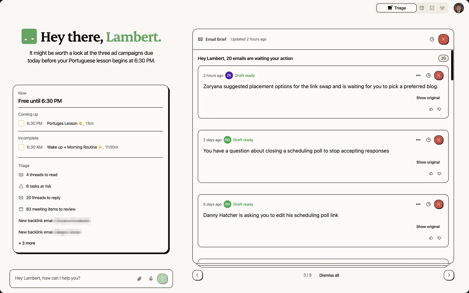 Kai's daily triage, where a processed meeting arrives as suggested tasks to accept or reject.
