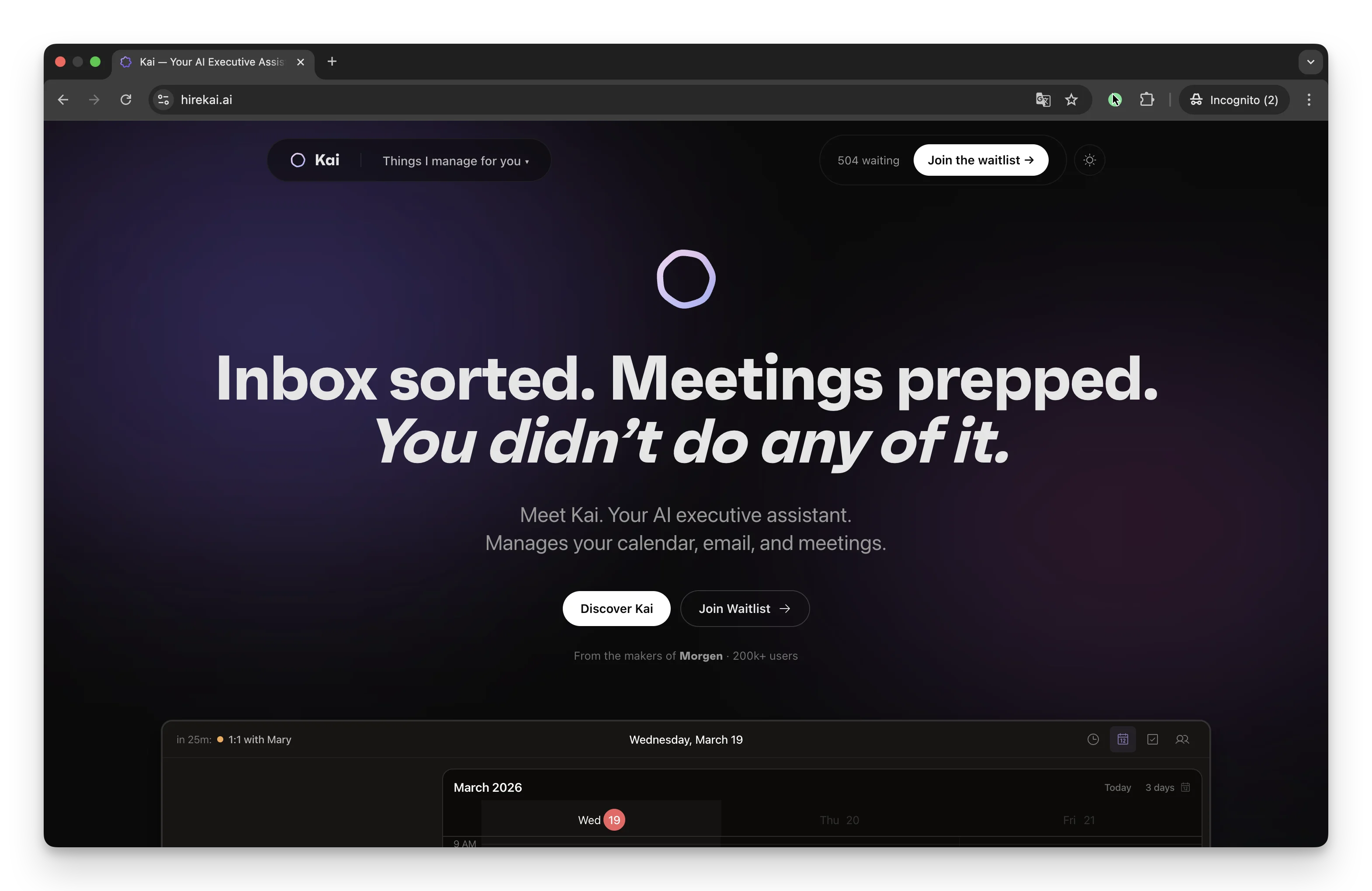 hirekai.ai homepage: inbox sorted, meetings prepped, you didn't do any of it
