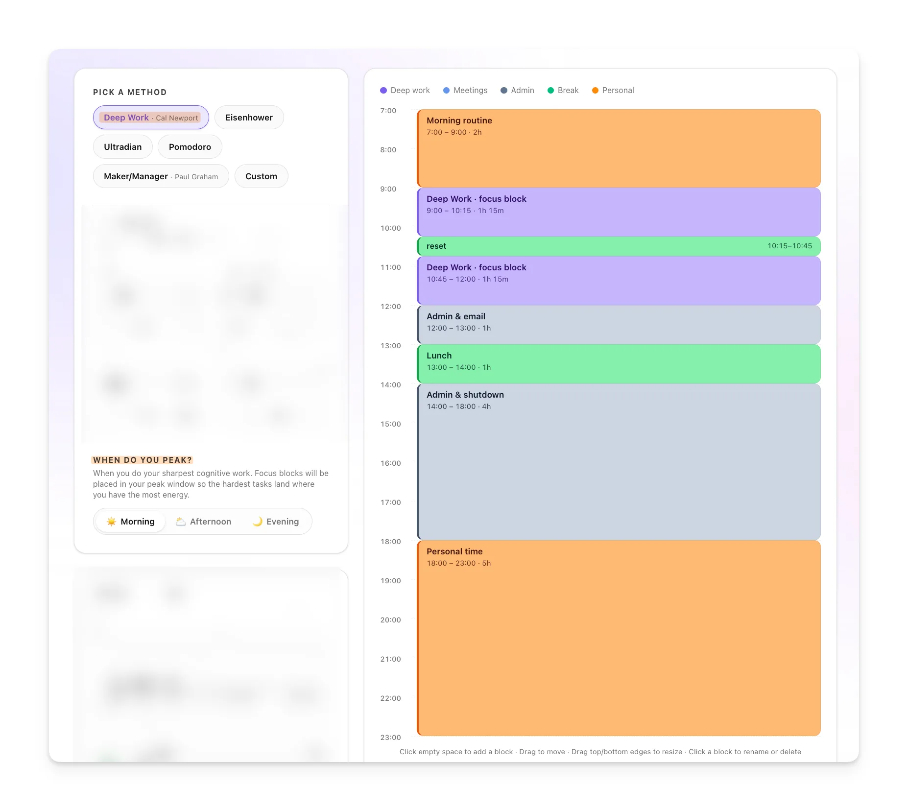 Deep Work preset in the Time Blocking Template Generator: two long 90-minute focus blocks bracketing admin and recovery time