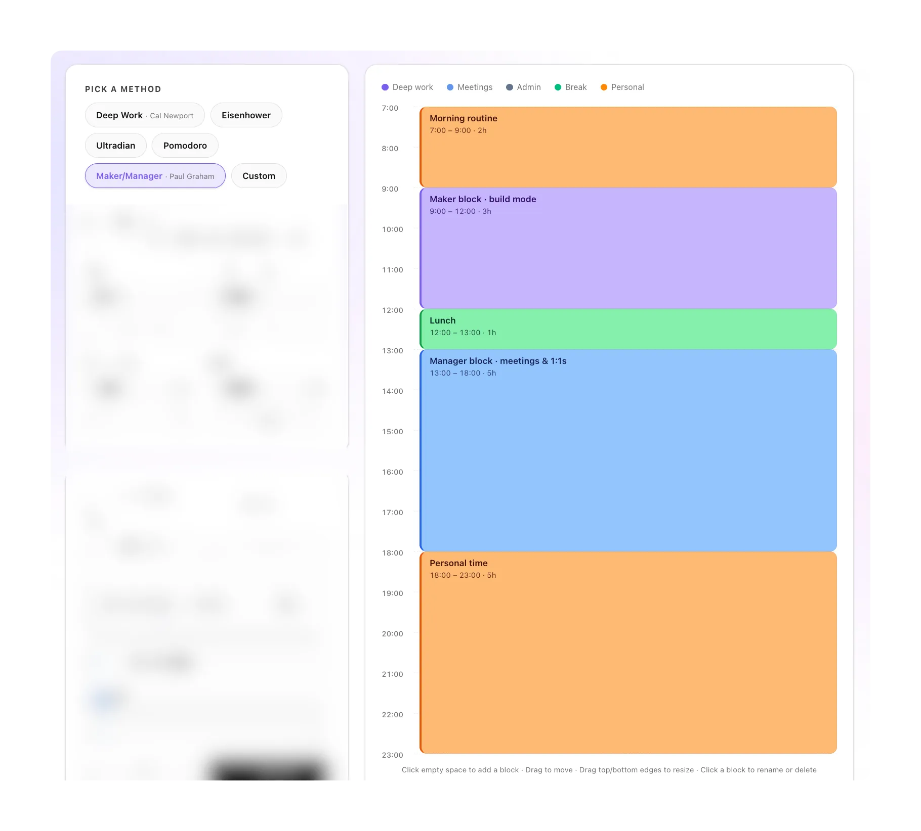 Maker/Manager preset: a single morning maker block for building, then an afternoon manager block absorbing all meetings