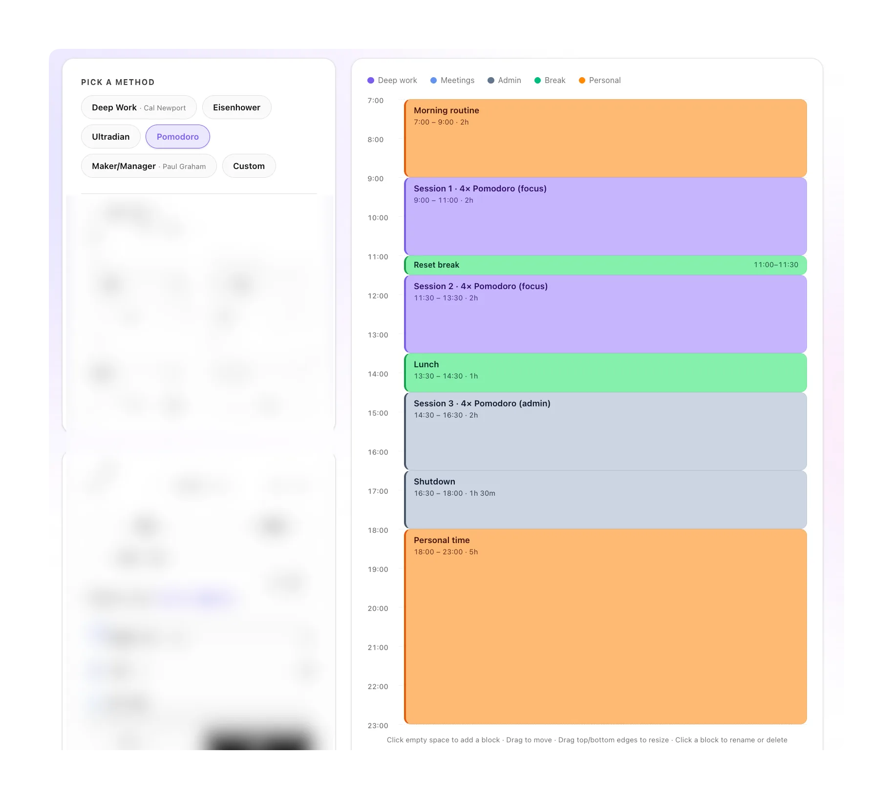 Pomodoro Stacking preset: three 4×Pomodoro sessions separated by reset breaks and lunch
