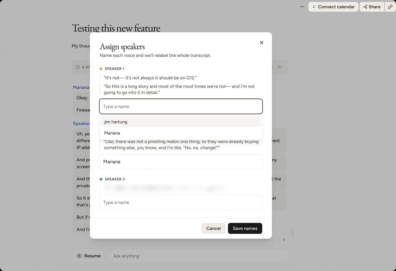 Wispr Flow Notetaker's assign-speakers modal: each unnamed voice comes with two quotes from the call, and naming it relabels the whole transcript.