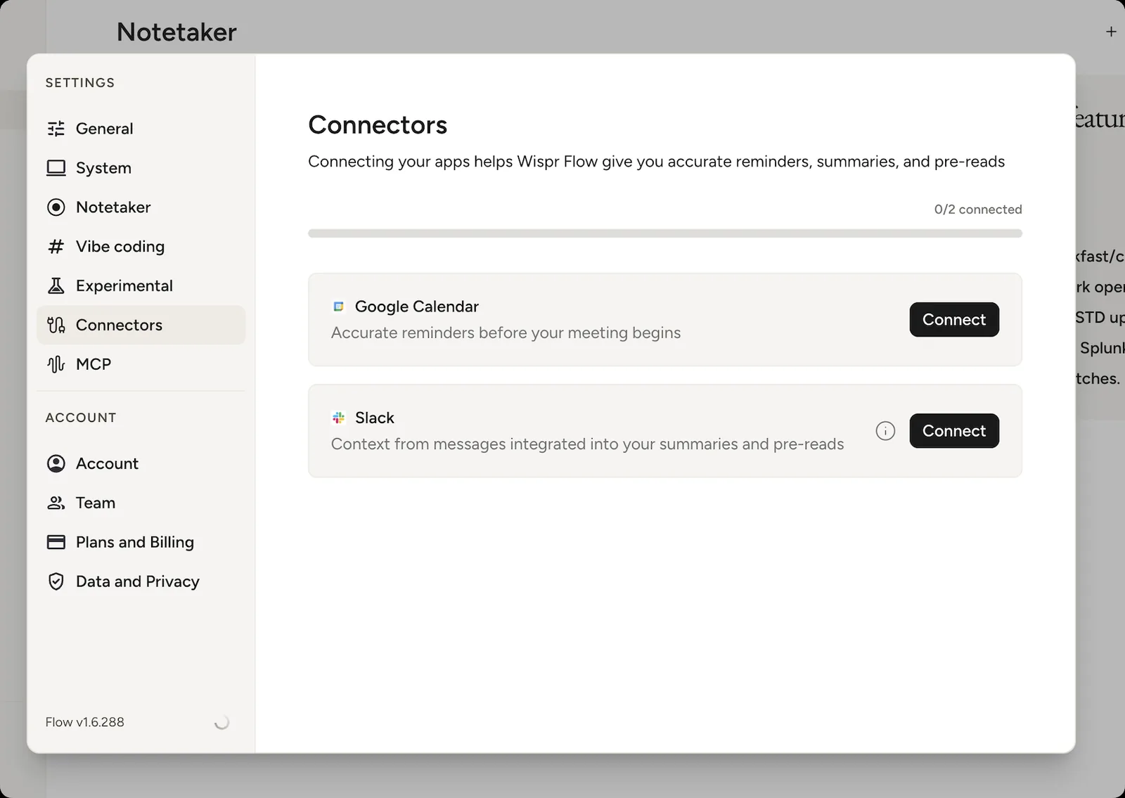 Notetaker's connectors screen: Google Calendar for meeting reminders and Slack for context, shown inside the Flow settings.