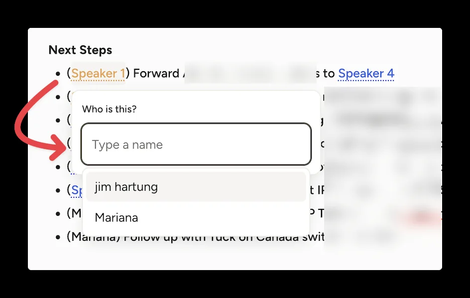 Renaming a speaker directly from a next step in the summary: a "Who is this?" popover suggests known names.