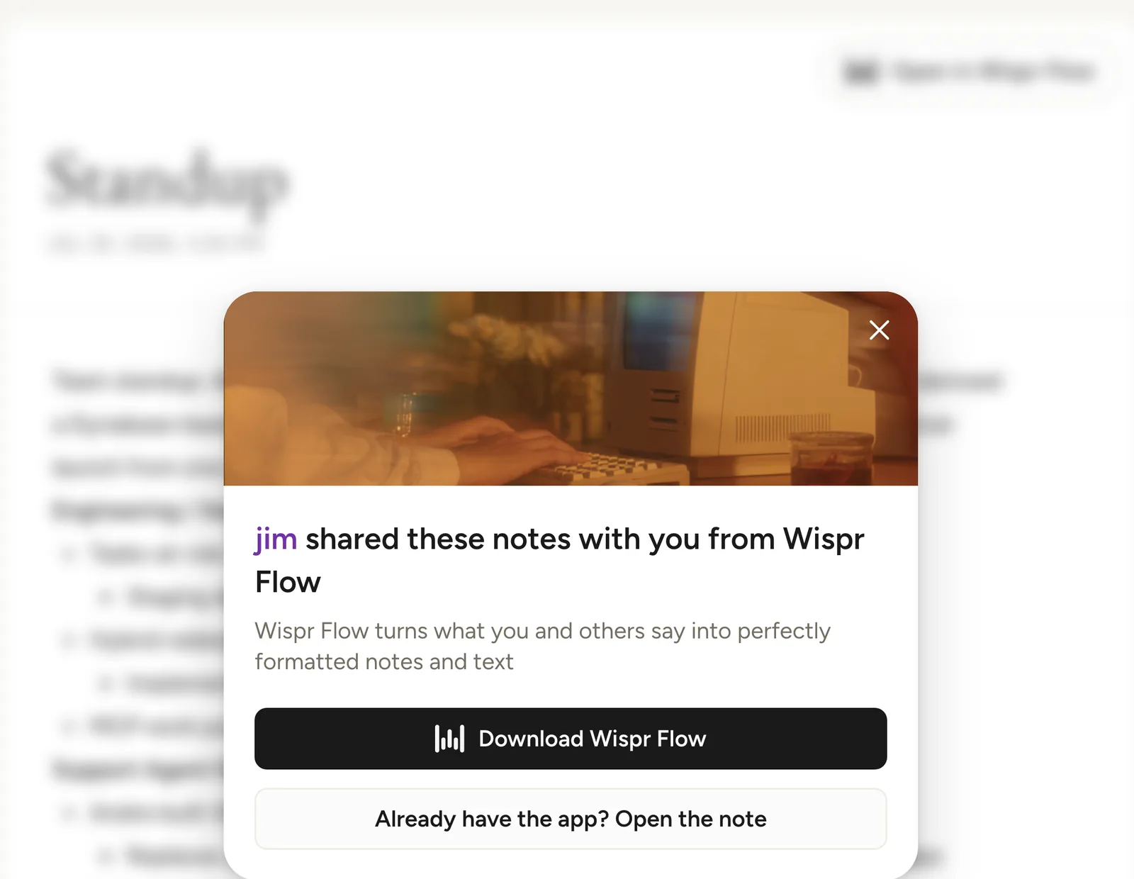 The first thing a recipient sees when opening a shared Wispr Flow note: a full-screen card reading "jim shared these notes with you from Wispr Flow" over a Download Wispr Flow button, with the note itself blurred behind it.