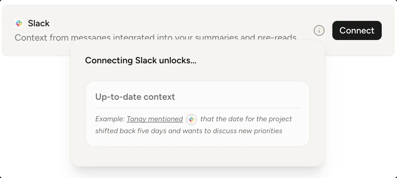 The Slack connector's explainer tooltip: an example of a teammate's message being pulled into meeting context.