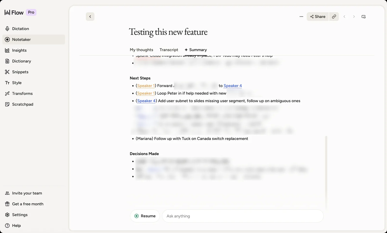 Notetaker's summary output: next steps attributed to named people and a decisions list, all of which stay inside the note.