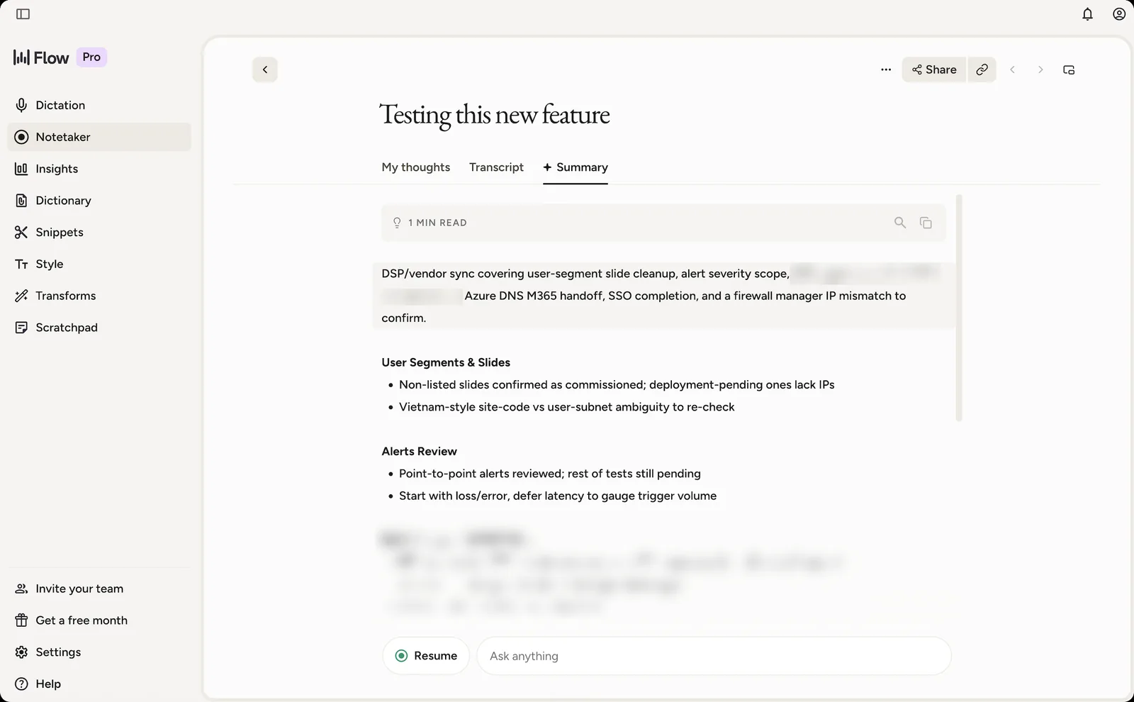 The Summary tab of a tested meeting: a "1 min read" TL;DR paragraph up top, followed by themed sections with bullet points.
