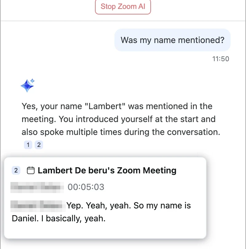Zoom's in-meeting AI side panel answering the question "Was my name mentioned?" with numbered citations into the transcript, a Stop Zoom AI button, and suggested follow-up prompts