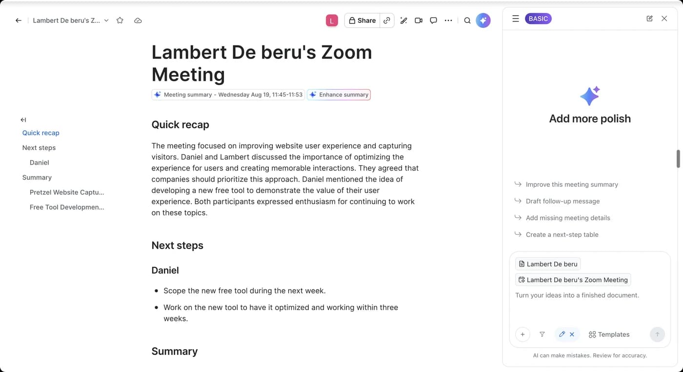Zoom's finished meeting summary in Zoom Docs, showing the Quick recap paragraph, a Next steps list grouped under a participant's name, and topic sub-headings, with a BASIC plan badge in the side panel
