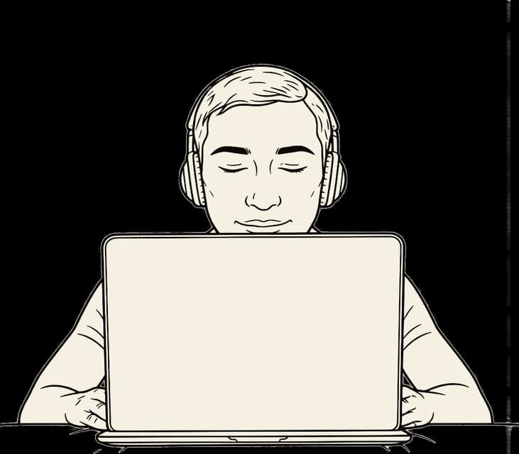 A founder with headphones working behind a laptop