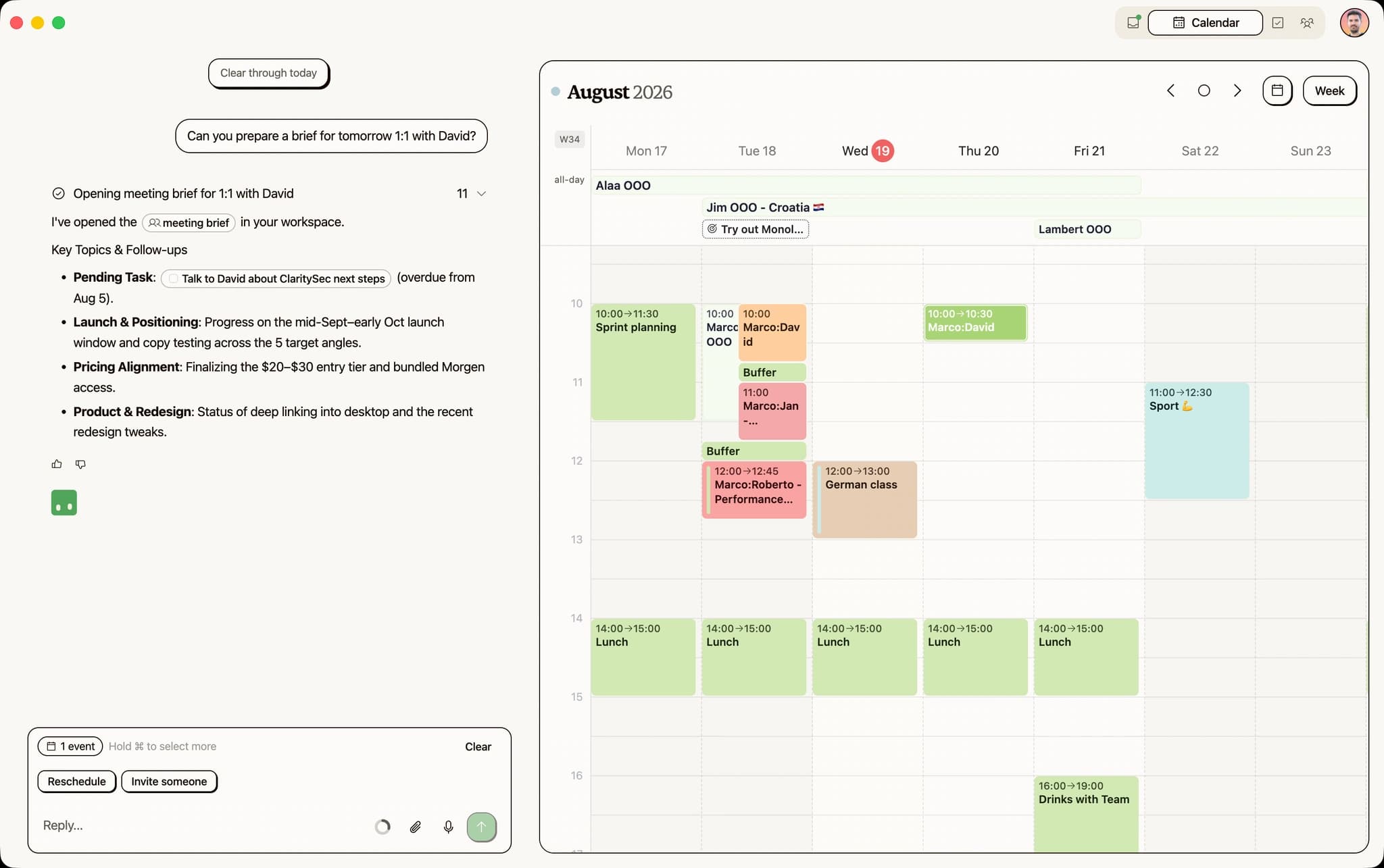 Kai dashboard showing a meeting brief being prepared alongside a weekly calendar