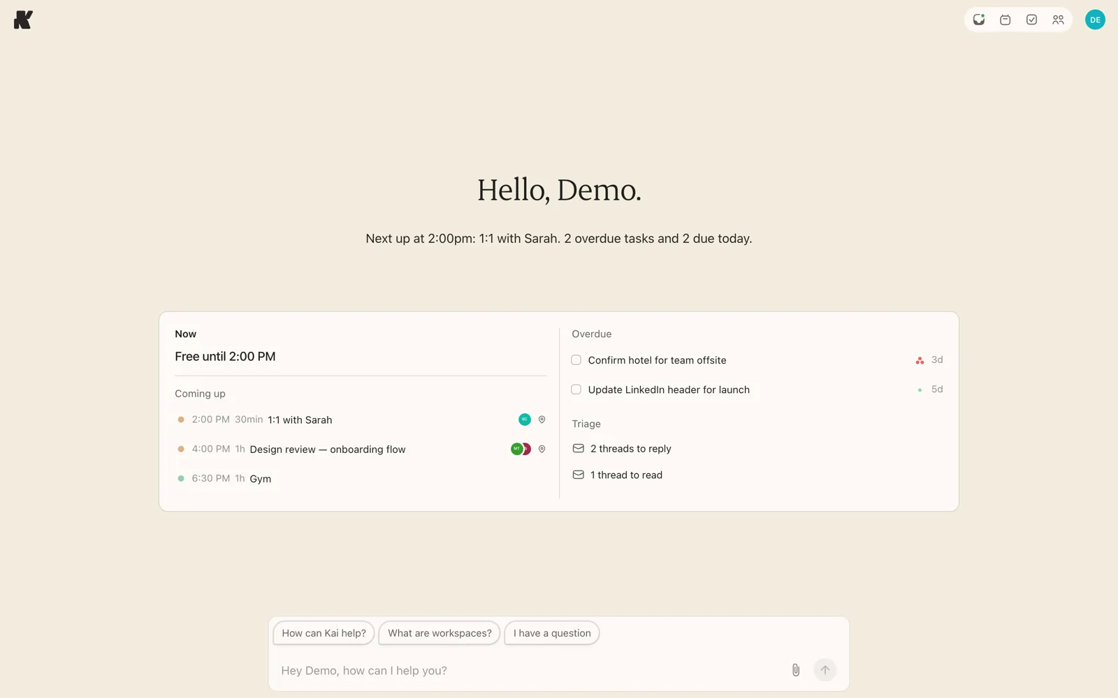 The Kai demo workspace: morning brief, agenda, tasks, and chat
