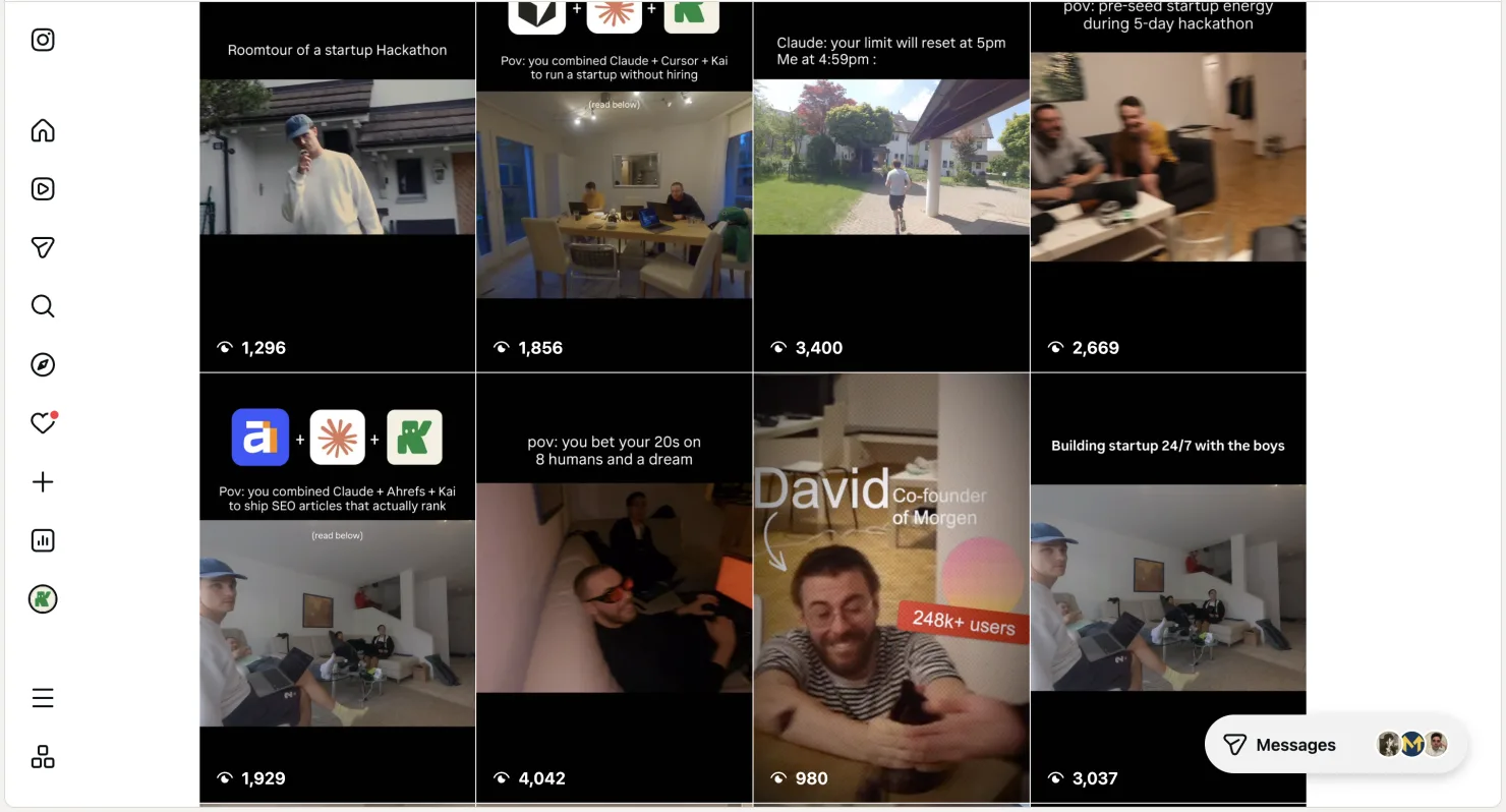 Kai's Instagram profile grid in the first few weeks — build-in-public reels with view counts from around 1,000 up to 4,000-plus, the raw hackathon clips outperforming the polished one.