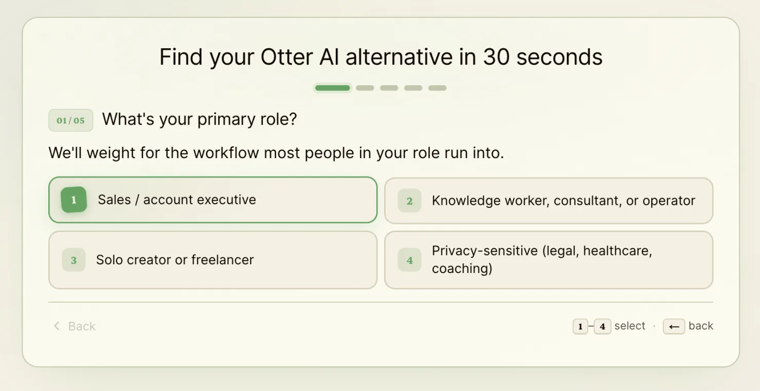 An interactive quiz embedded in a Kai comparison article — 'Find your Otter AI alternative in 30 seconds' — asking the reader's primary role to recommend the right tool.