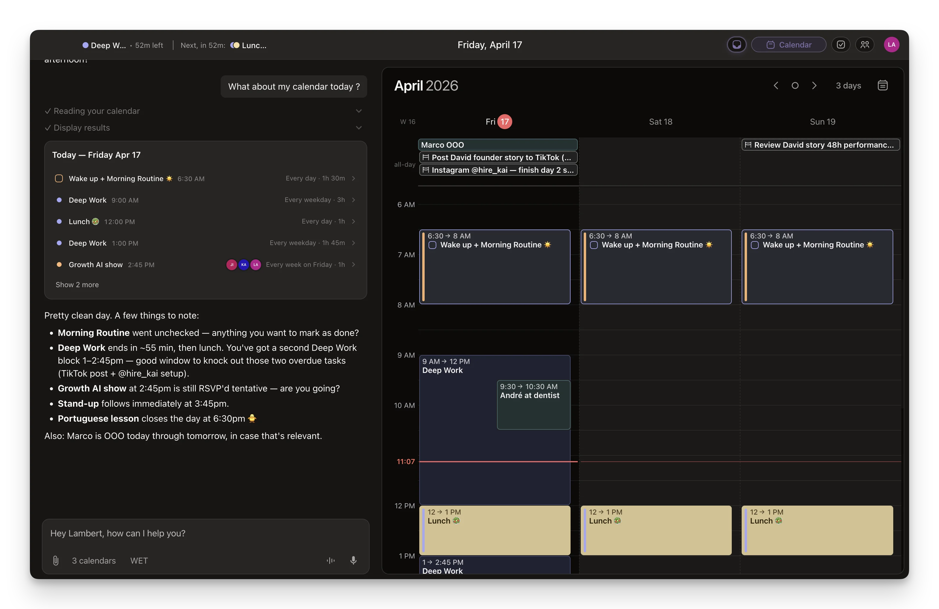 Kai's calendar view showing meetings, focus blocks, and day structure