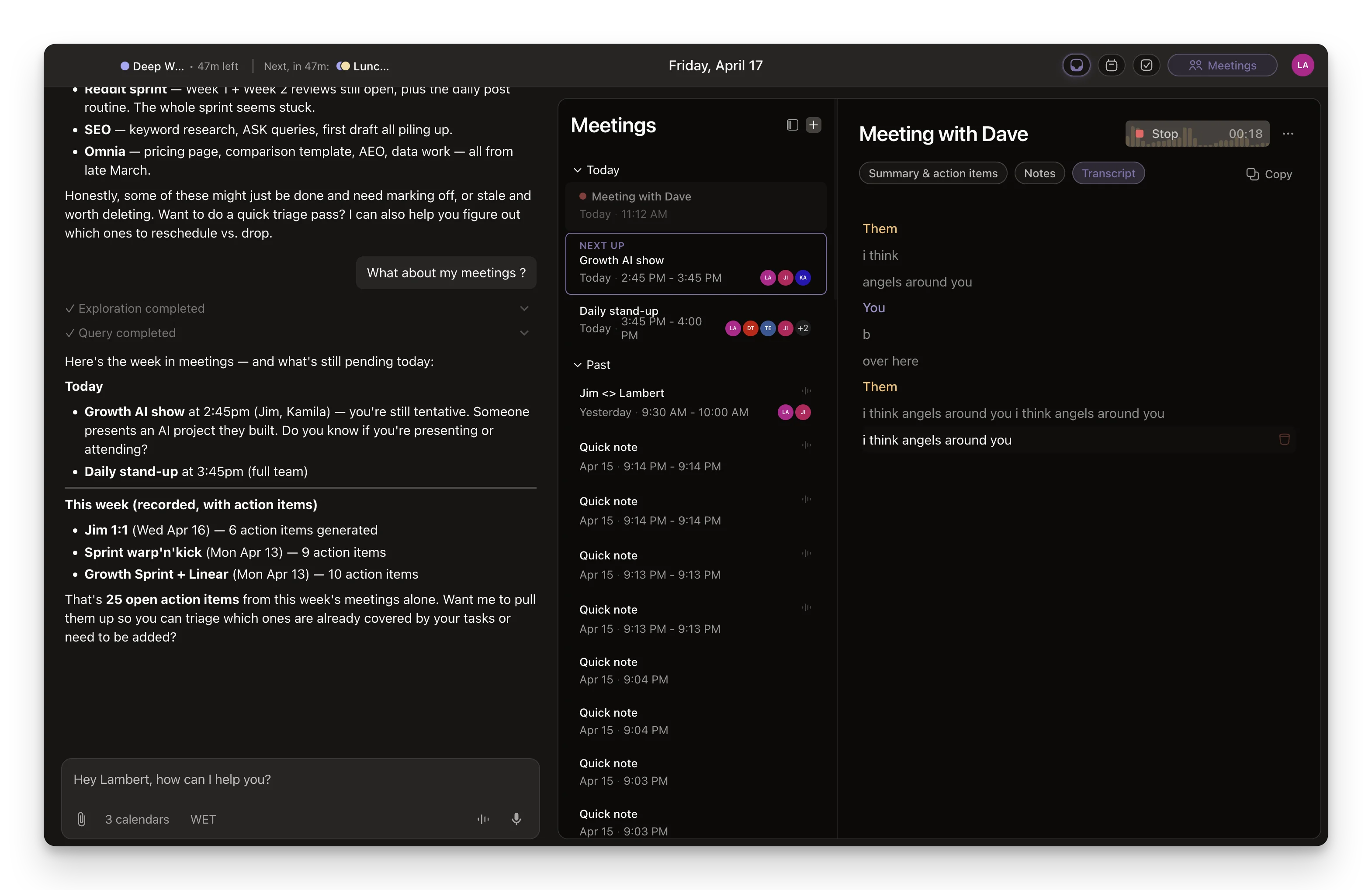 Kai capturing a live meeting transcript with speaker labels and real-time highlights