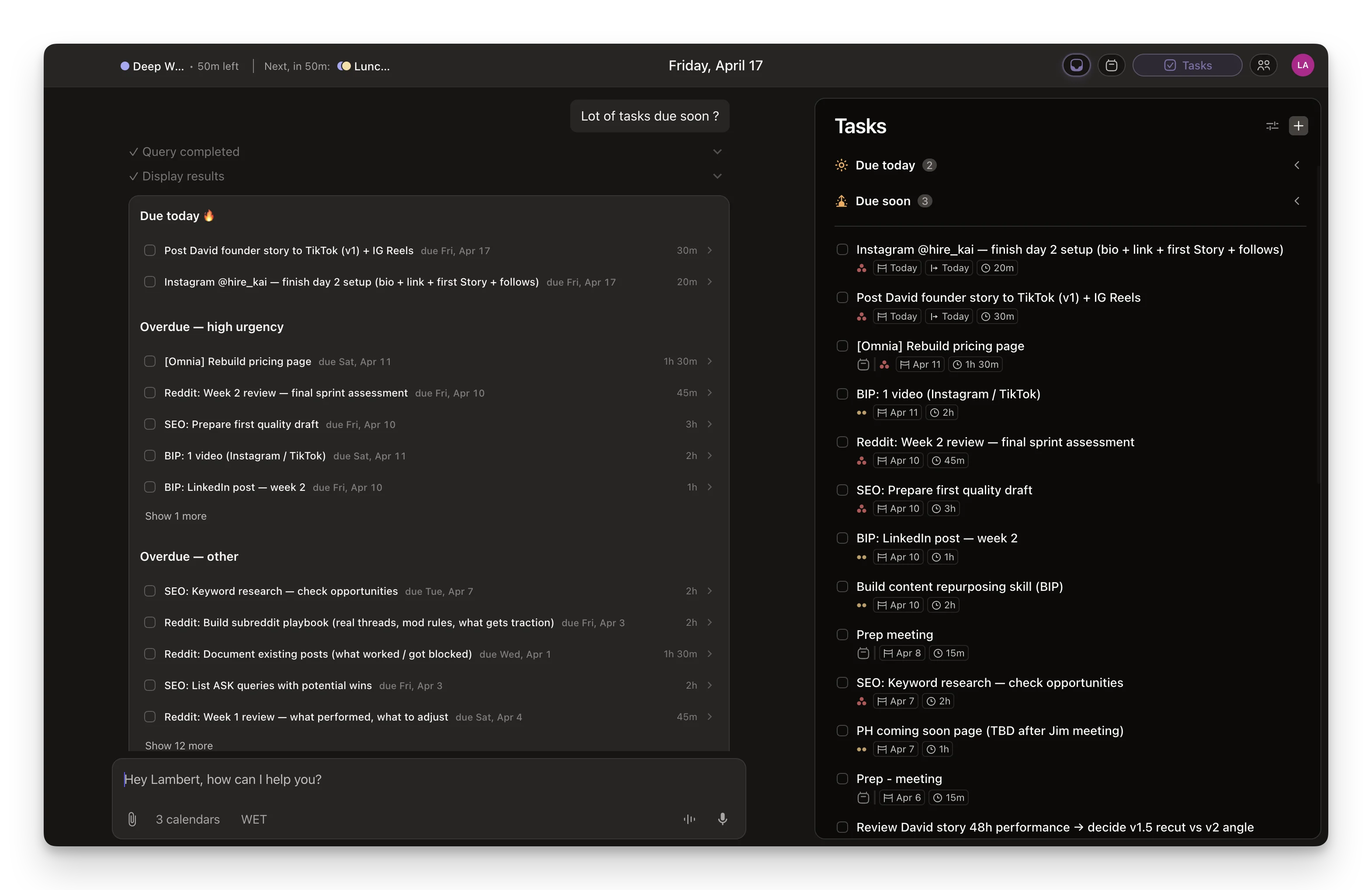 Kai's task management view with priority, assignee, and due dates