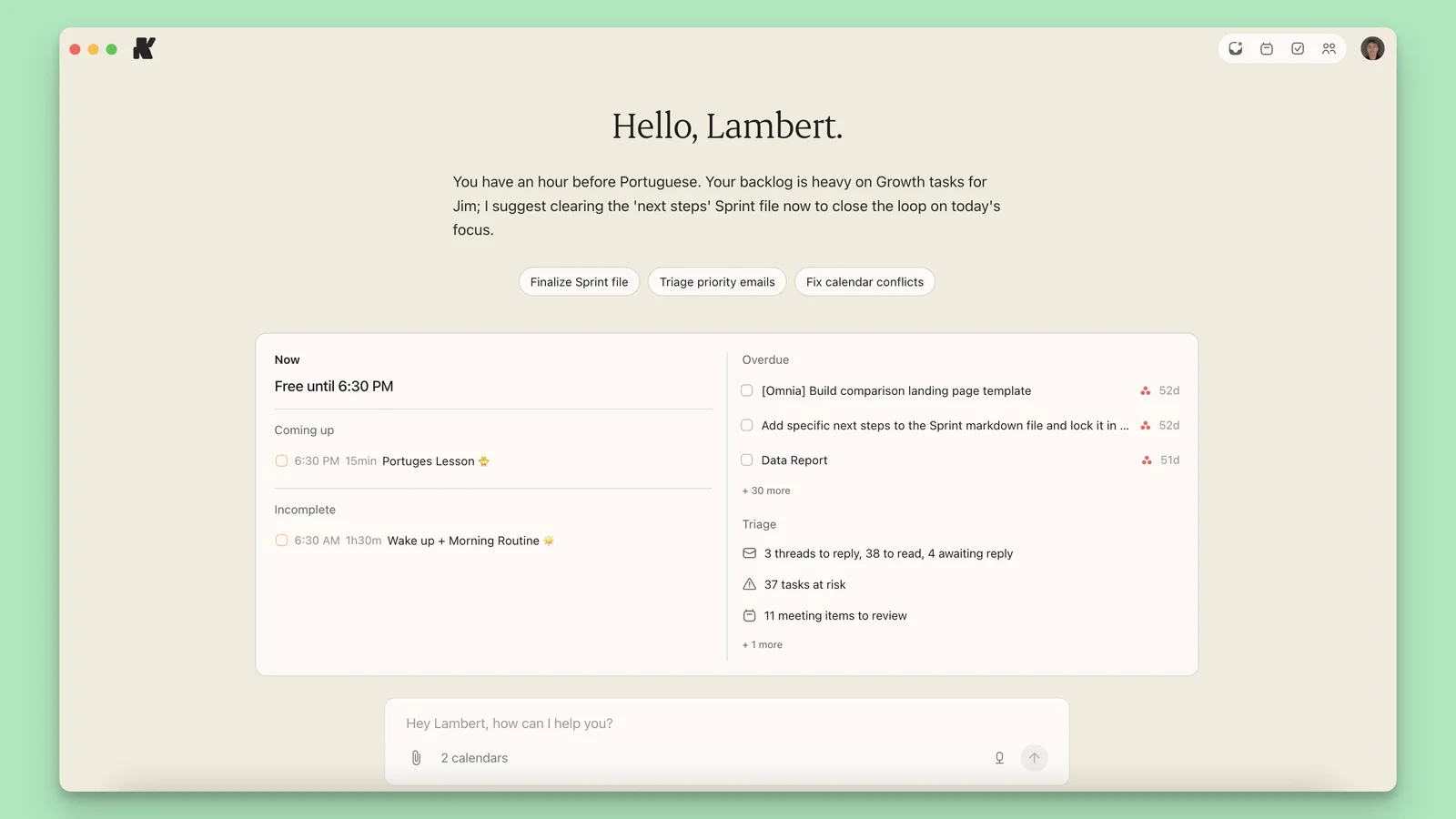 Kai's morning briefing with deep work, overdue items, and triaged email