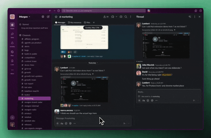 The Kai Slack bot following a conversation and replying with actions